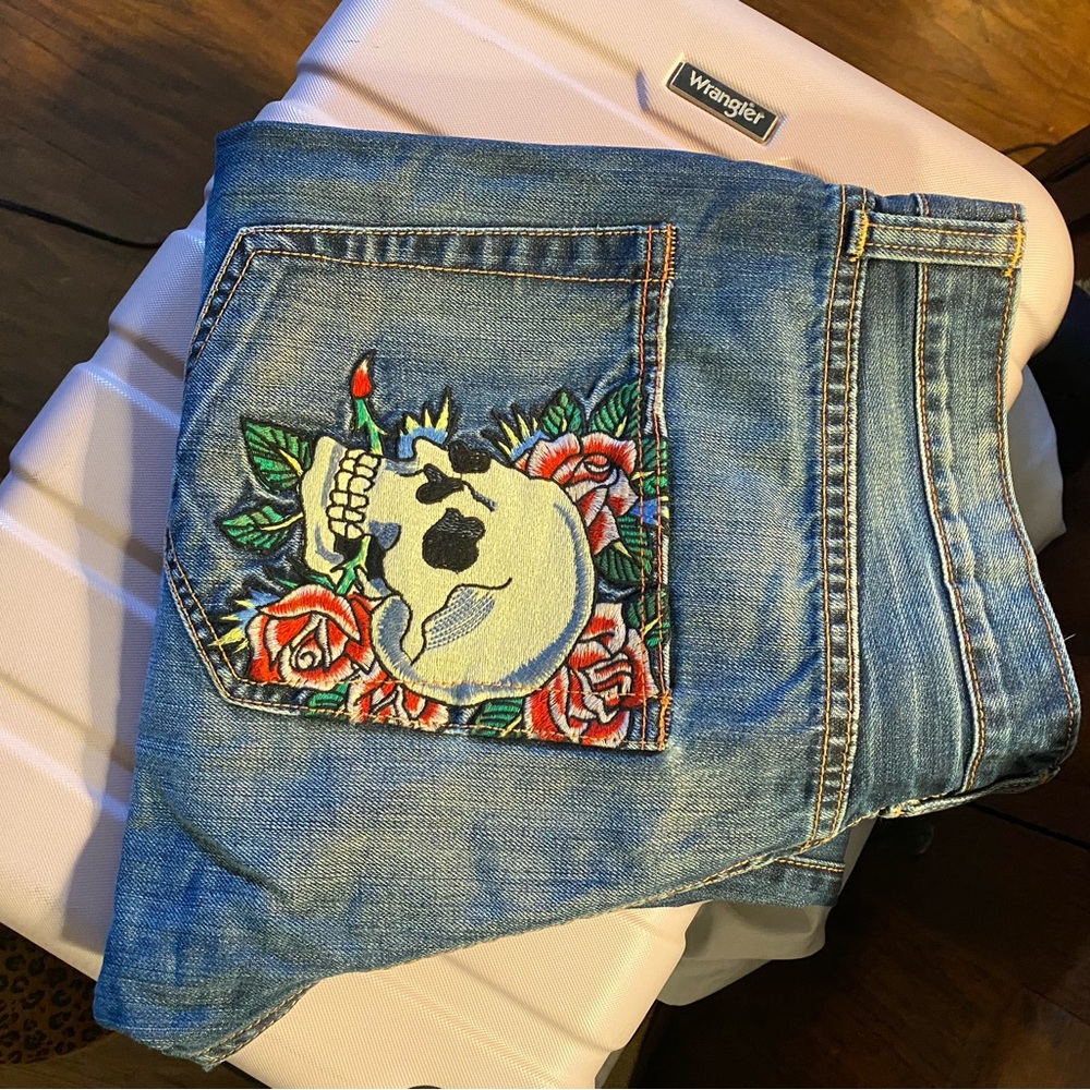 Ed Hardy Blue Jeans with Skull and Rose Embroidery